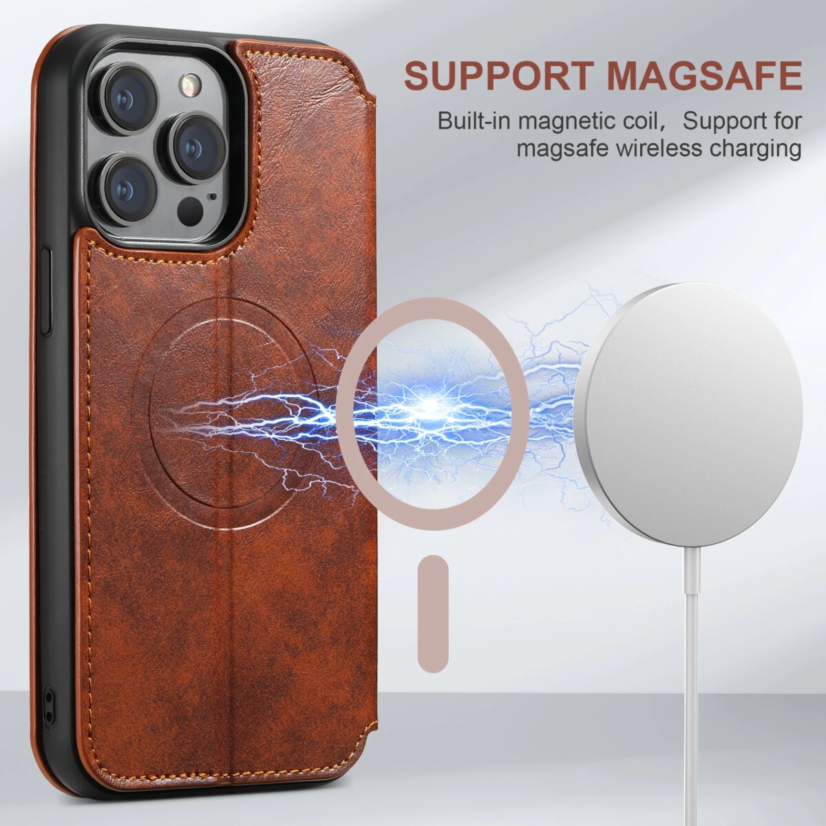 SUTENI Magsafe Leather Phone Case For iPhone 12 13 14 15 16 17 Pro Max Plus Flip Cover Wallet For Men Card Holder - Image 2