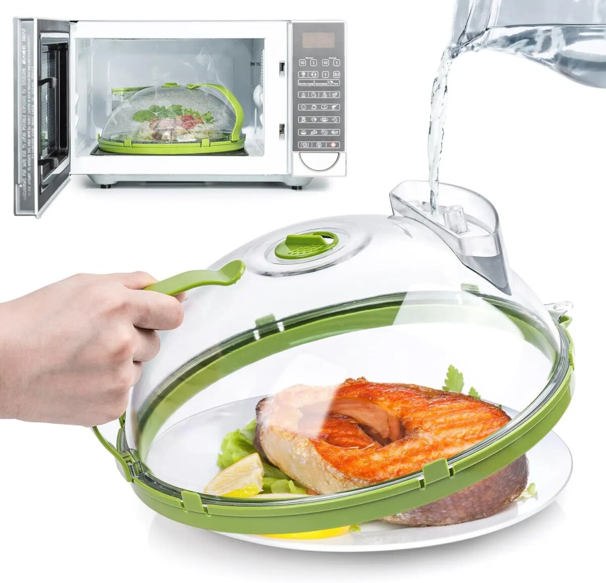 Microwave Cover for Food, Clear Microwave Splatter Cover with Water Steamer and Handle, 10 Inch Plate Covers, Kitchen Gadgets - Image 1