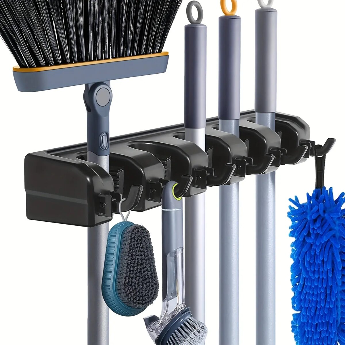 Wall Mounted Mop Holder 3/4/5 Position Multi-Functional Broom Hanger Shelf Home Kitchen Storage Black Magic Plastic Mop Holder - Image 1