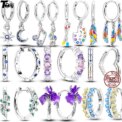 925 Sterling Silver Hoop Earrings For Women Star Moon Paint Feather Musical Note Colorful Zircon Fashion Earrings Women Gift