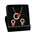 Elegant 316L Stainless Steel Jewelry Set: Roman Numeral Double - Circle Earrings & Necklace Adorned with Red and Black Crystals