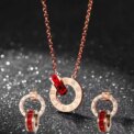 Elegant 316L Stainless Steel Jewelry Set: Roman Numeral Double - Circle Earrings & Necklace Adorned with Red and Black Crystals - Image 3