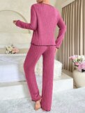 Women Autumn Winter Sleepwear Ribbed Pajamas Set Long Sleeve Top and Long Pants 2 Piece Set Casual Homewear Loungewear - Image 2
