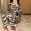 Zebra Striped Coral Velvet Pajamas Homewear Suit Women's Fall and Winter New Home Suit Padded and Thickened Warm Clothes - Image 3