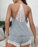 Women's Crochet Lace 2 Pieces Pajamas Sleeveless V-Neck Set Casual Sleepwear Suit Sexy Solid Home Clothes Summer Wear - Image 3
