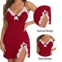 Sexy Sleepwear Women Lace Silk Satin V-Neck Nightgown Split Hem Soft Lingerie Night Dress Sleeveless Sleepwear Female Clothes - Image 3