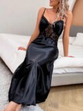 Black Satin Long Lace Splicing Sexy Dress New Hot Women's Nightgowns