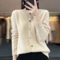 Women 100% Merino Wool Sweater Autumn Winter O-Neck First Line Seamless Cardigan Long Sleeve Clothing Cashmere Knitwear Tops