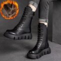 Retro Winter Leather Women's Boots Round Head Middle Heel Women's Ankle Boots Lace Warm Snow Boots Thick Bottom Bicycle Boots - Image 4