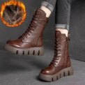 Retro Winter Leather Women's Boots Round Head Middle Heel Women's Ankle Boots Lace Warm Snow Boots Thick Bottom Bicycle Boots - Image 3