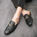 Cow Genuine Leather Summer Slip-On Shoes Large Size  Embroidered Flat Mules with Slingback And Metal Chain Detail - Image 3