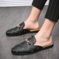 Cow Genuine Leather Summer Slip-On Shoes Large Size  Embroidered Flat Mules with Slingback And Metal Chain Detail