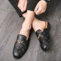Cow Genuine Leather Summer Slip-On Shoes Large Size  Embroidered Flat Mules with Slingback And Metal Chain Detail - Image 2