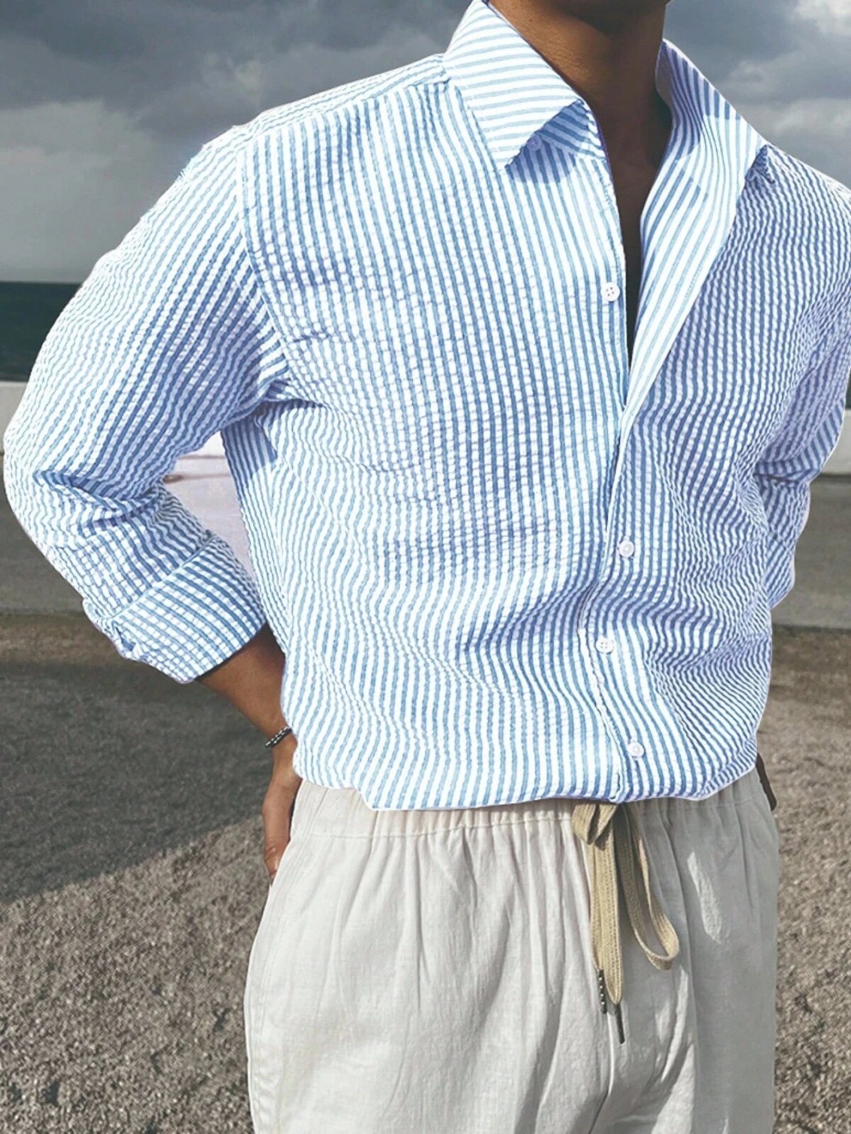Comfortable Striped Shirt For Men Textured Soft Fabric Long Sleeve Casual Home Wear Elegant Style - Image 3