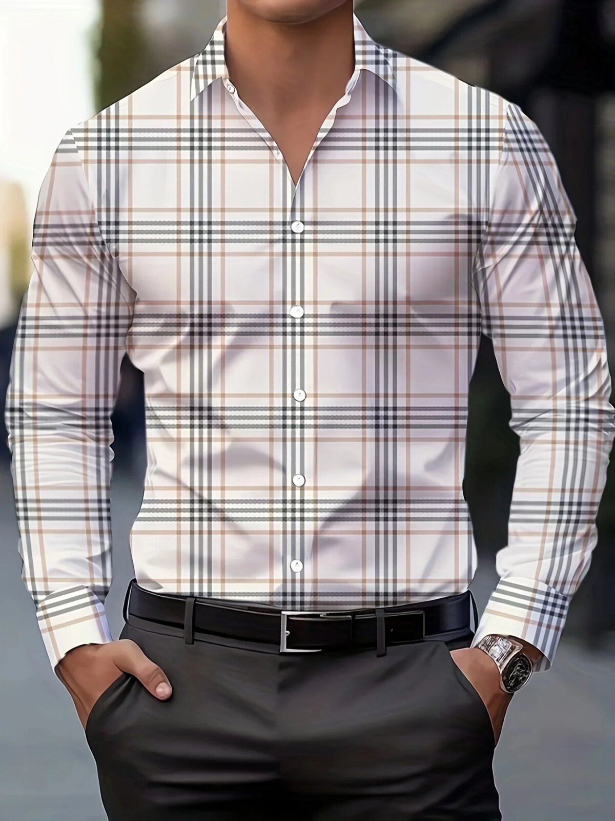 Men's Casual  Plaid Long Sleeve Shirt Stripe tops Breathable Button-Up lapel collar Business shirt Men's Clothing For Fall - Image 3