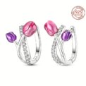 925 Sterling Silver Sparkling Tulip Earrings Women Elegant Purple Flower Zircon Hoop Earrings Party Wedding Gardening Exquisite