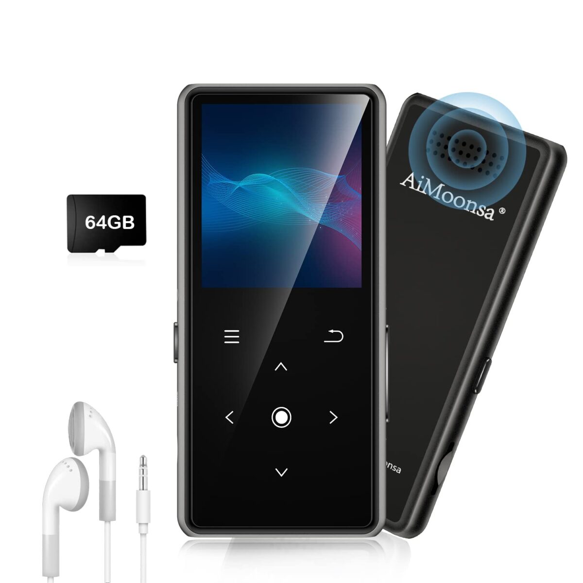 64GB MP3 Player with Bluetooth 5.2, AiMoonsa Music Player with Built-in HD Speaker, FM Radio, Voice Recorder, HiFi Sound, E-Book Function, Earphones Included - Image 1