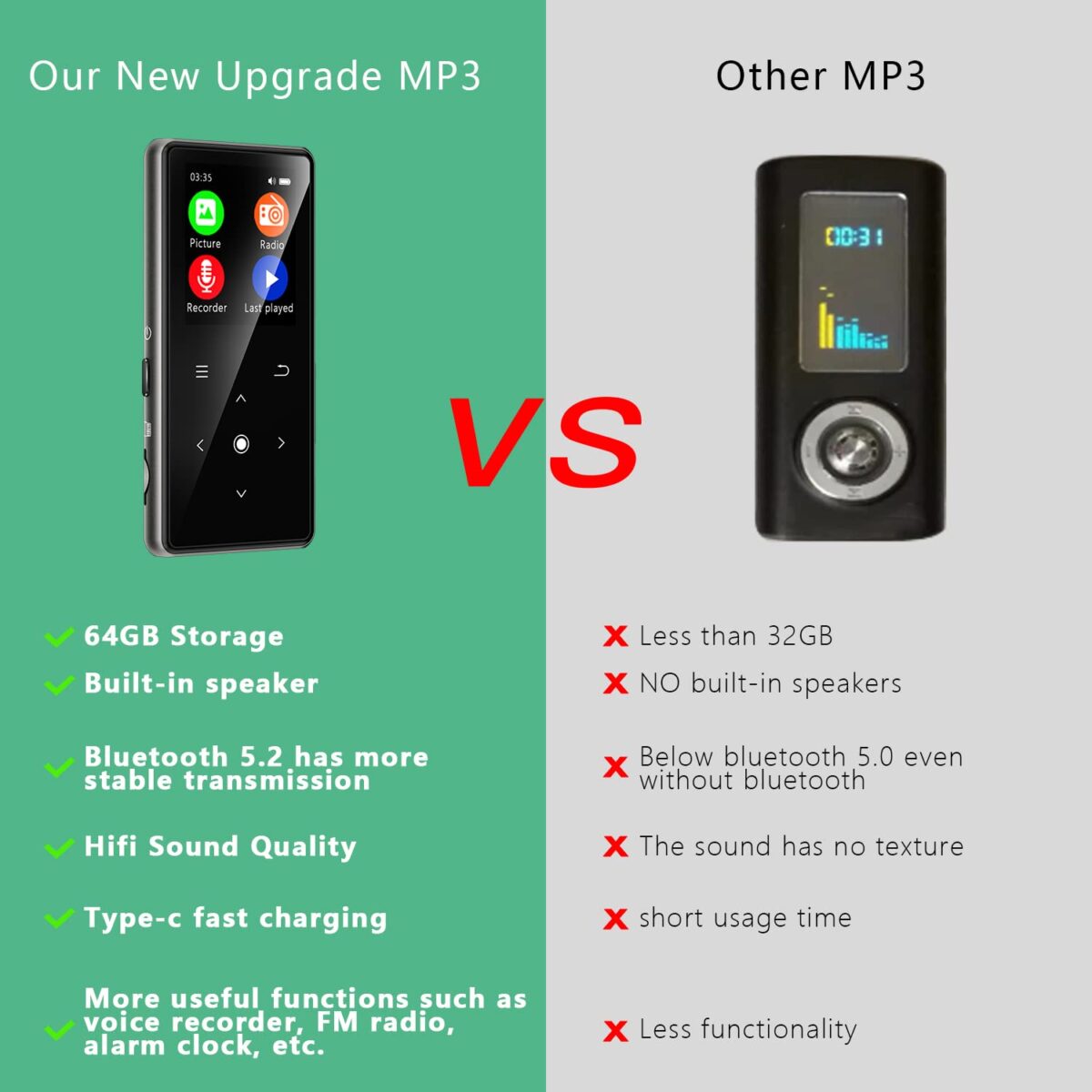 64GB MP3 Player with Bluetooth 5.2, AiMoonsa Music Player with Built-in HD Speaker, FM Radio, Voice Recorder, HiFi Sound, E-Book Function, Earphones Included - Image 9