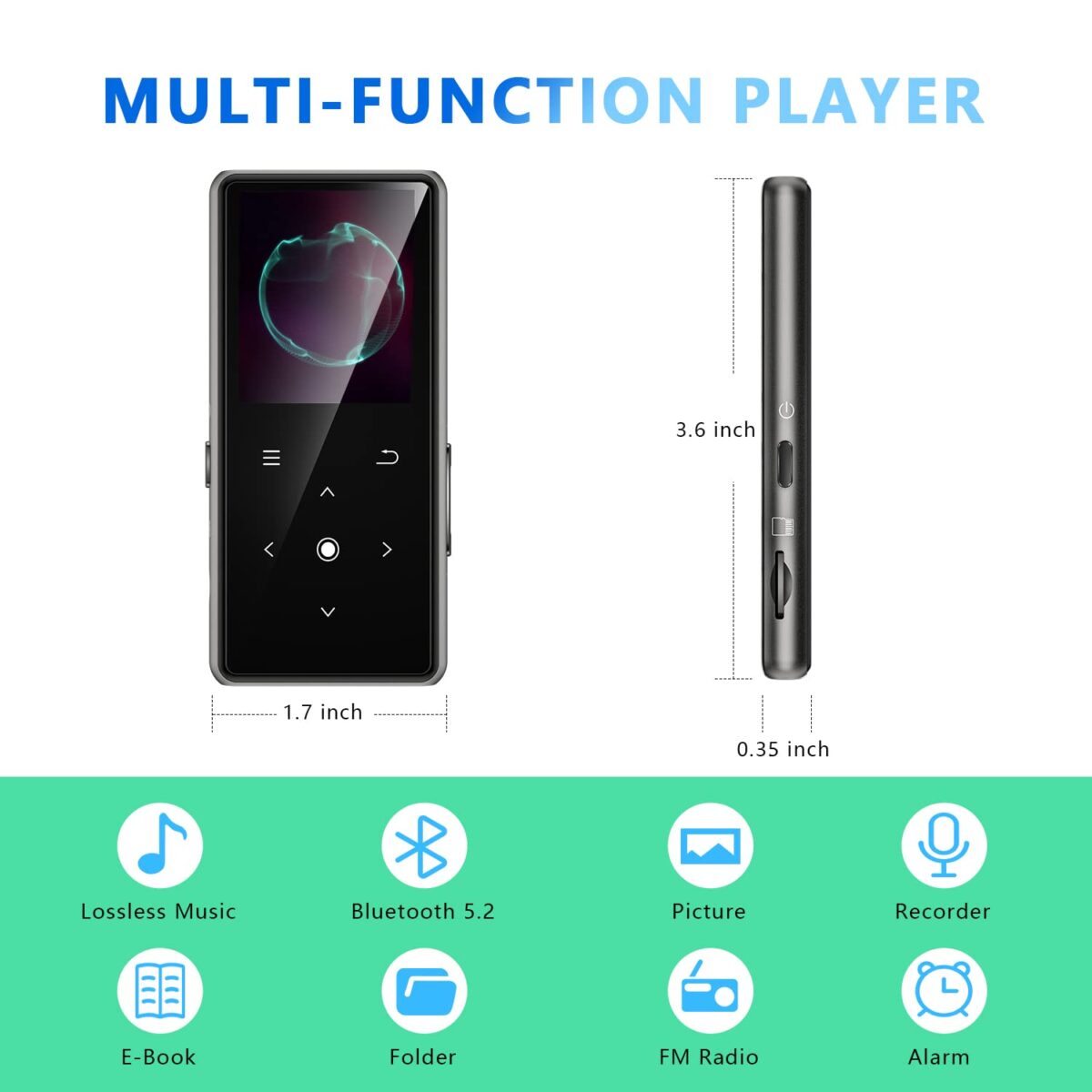 64GB MP3 Player with Bluetooth 5.2, AiMoonsa Music Player with Built-in HD Speaker, FM Radio, Voice Recorder, HiFi Sound, E-Book Function, Earphones Included - Image 8