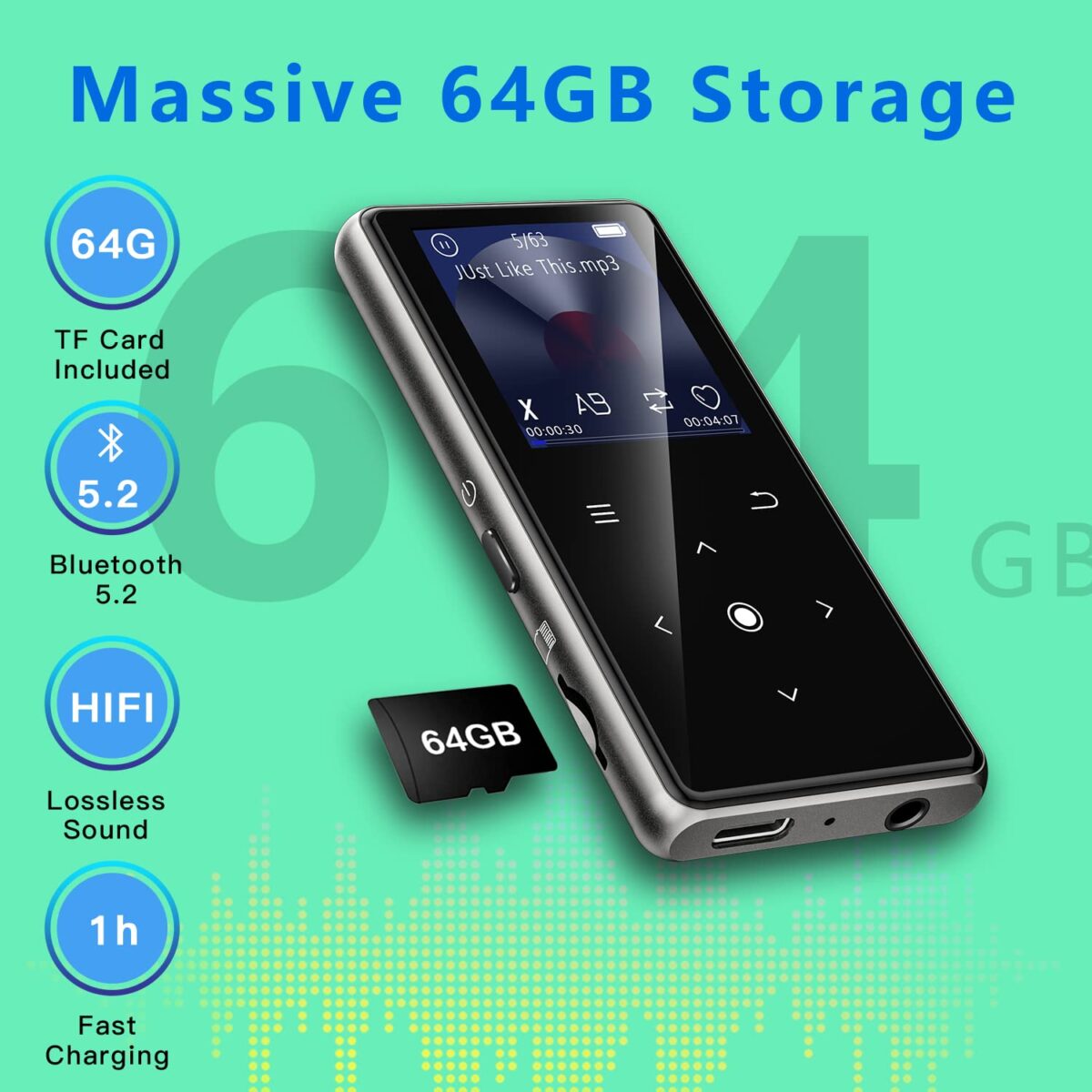64GB MP3 Player with Bluetooth 5.2, AiMoonsa Music Player with Built-in HD Speaker, FM Radio, Voice Recorder, HiFi Sound, E-Book Function, Earphones Included - Image 12