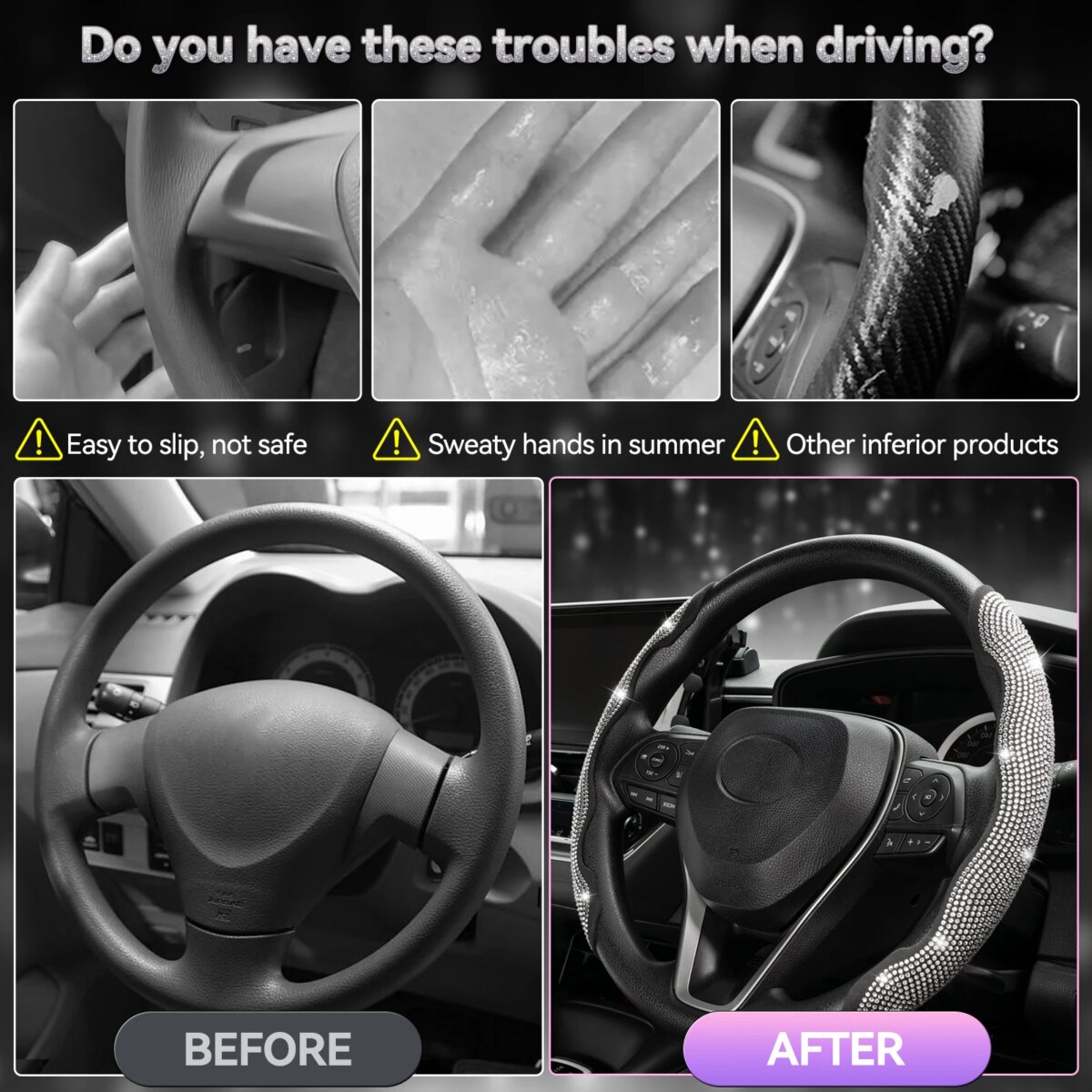 2PCS Diamond Car Steering Wheel Cover Booster Anti-slip Crystal Rhinestones Sparkling For Women Girl Car Interior Accessories: 3 - 5 Days Free Delivery Only UK - Image 5