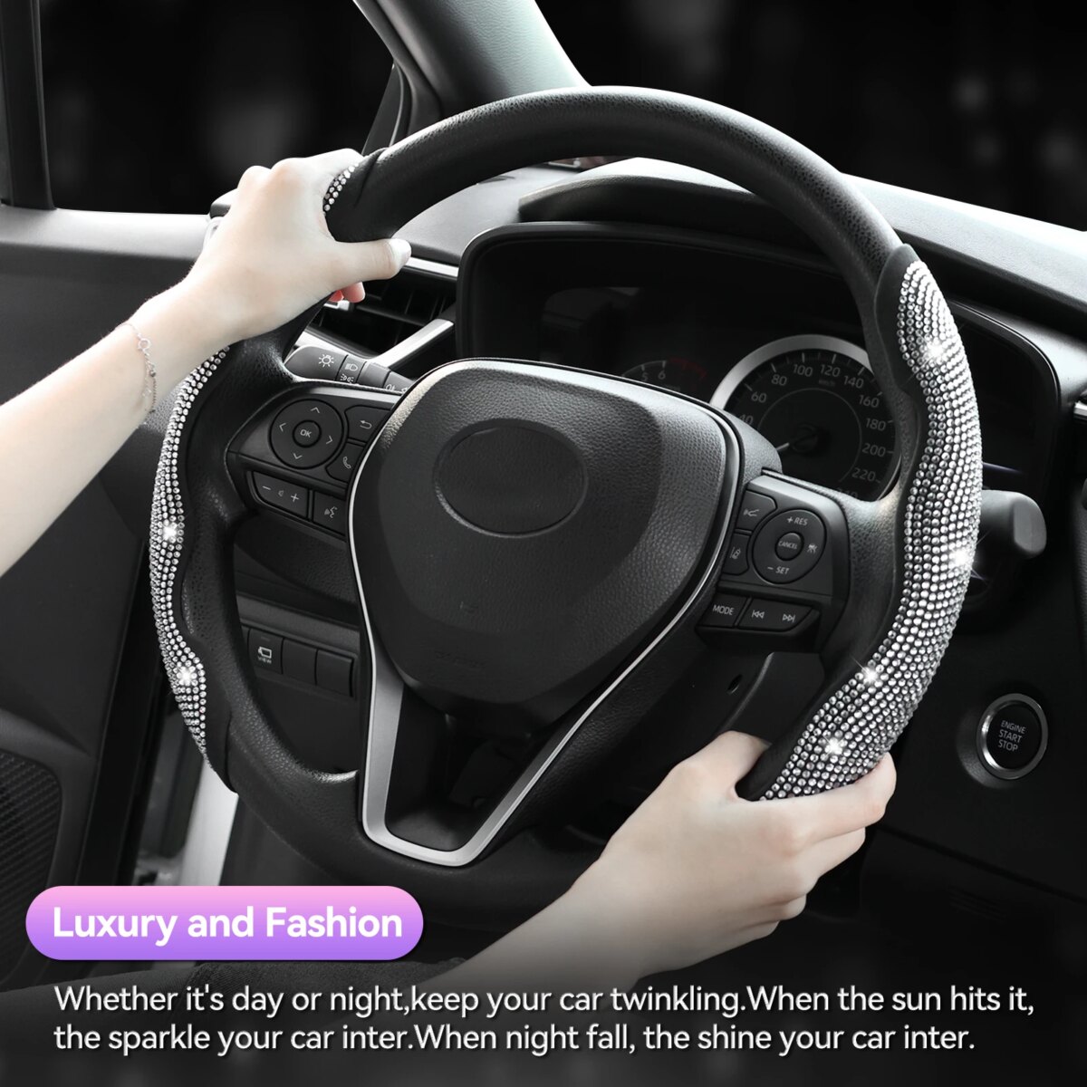 2PCS Diamond Car Steering Wheel Cover Booster Anti-slip Crystal Rhinestones Sparkling For Women Girl Car Interior Accessories: 3 - 5 Days Free Delivery Only UK - Image 4