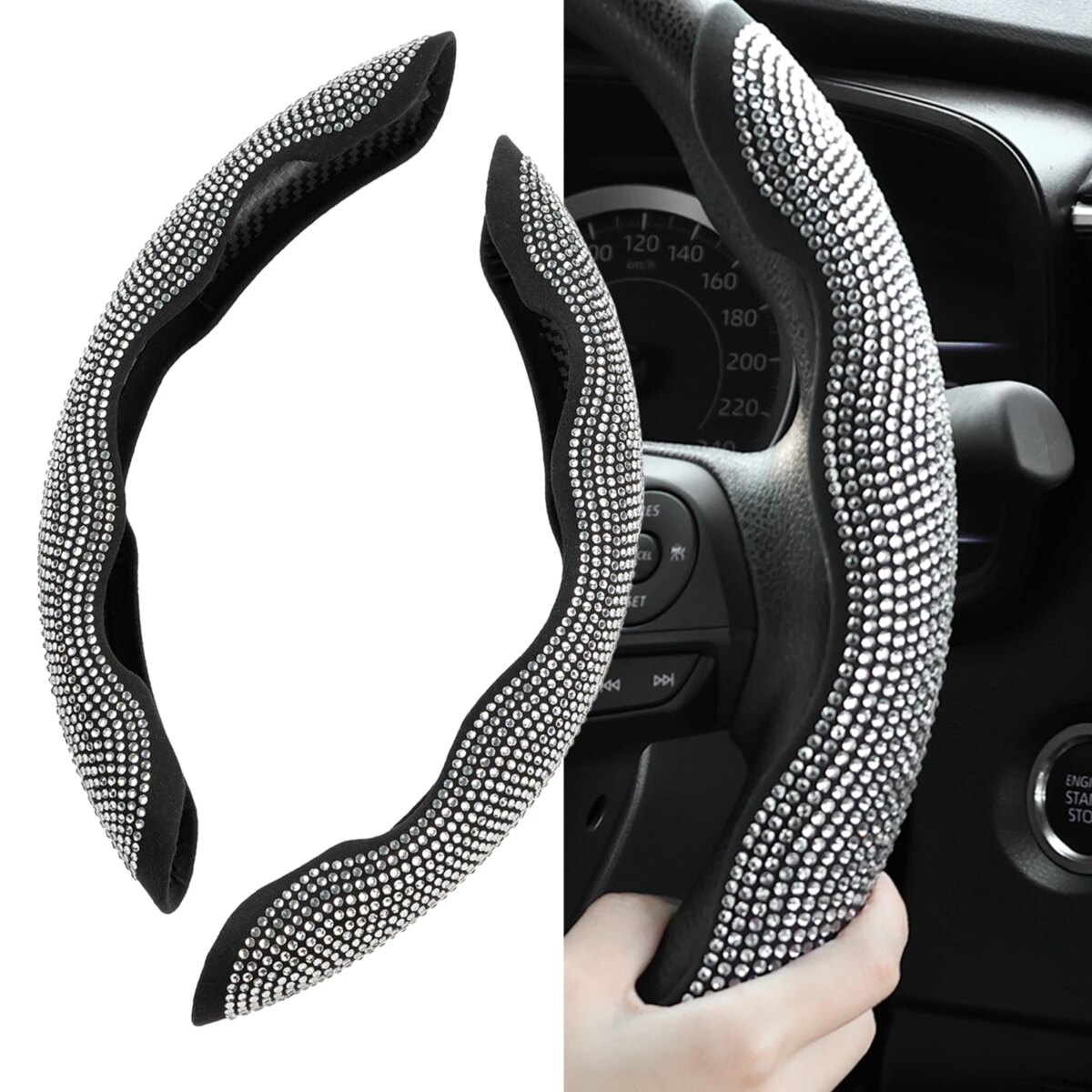 2PCS Diamond Car Steering Wheel Cover Booster Anti-slip Crystal Rhinestones Sparkling For Women Girl Car Interior Accessories: 3 - 5 Days Free Delivery Only UK - Image 1