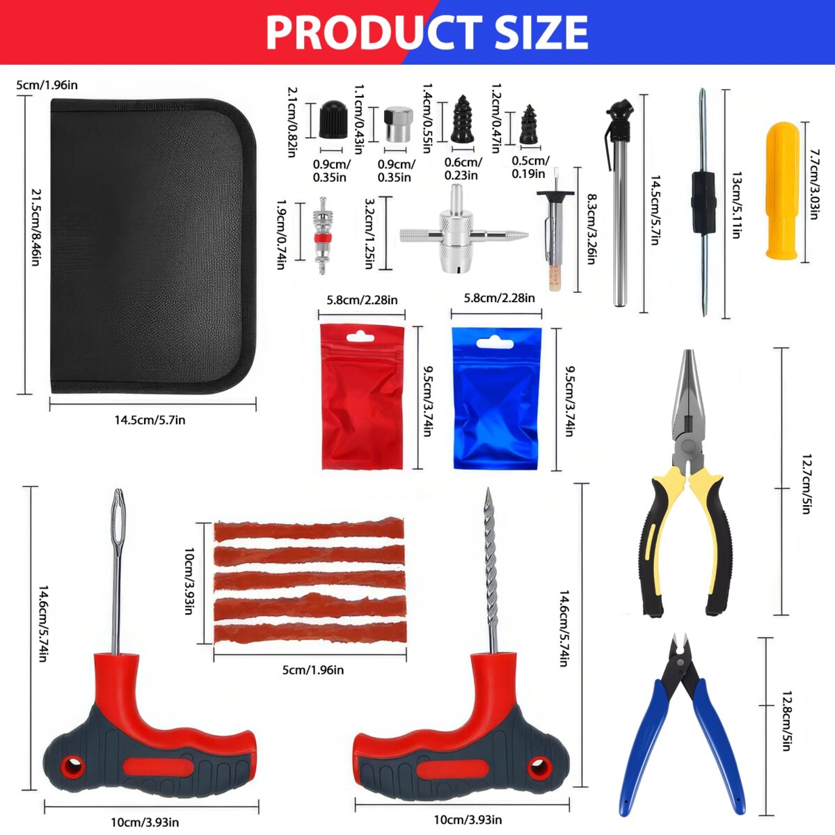 65pc Car Tire Repair Tool Kit Auto Emergency Flat Tire Puncture Plug Needle Nose Pliers Cutter Tyre Nail Tire Pressure Gauge: 3 - 5 Days Free Delivery Only UK - Image 4