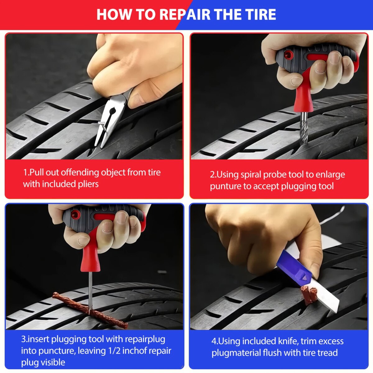 65pc Car Tire Repair Tool Kit Auto Emergency Flat Tire Puncture Plug Needle Nose Pliers Cutter Tyre Nail Tire Pressure Gauge: 3 - 5 Days Free Delivery Only UK - Image 6
