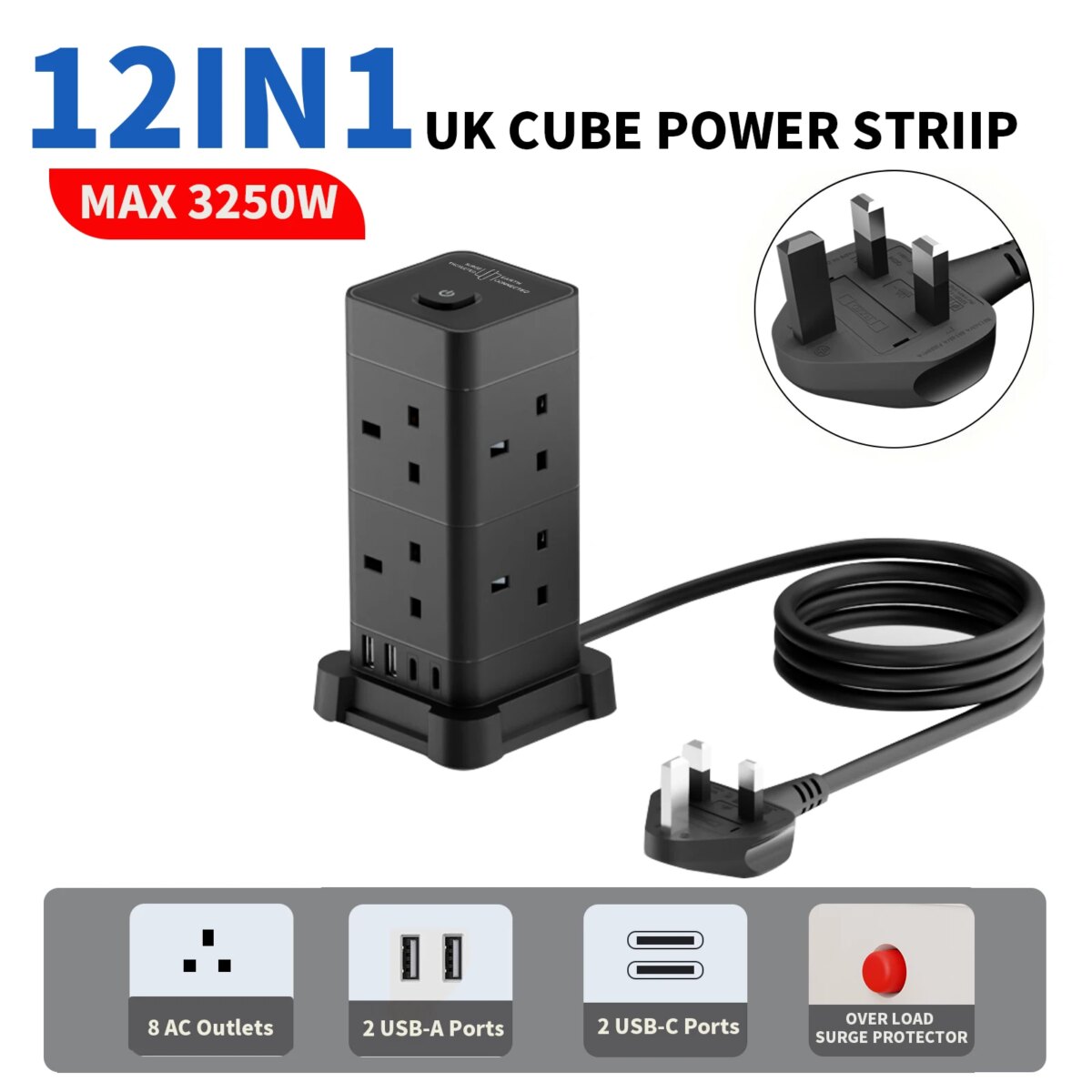 3M Tower Extension Lead with USB Slots, Hotimy 13A 8Way Extension Lead Surge Protection with 2 Type C &2 USB Ports, Home, Office: 3 - 5 Days Free Delivery Only UK - Image 3