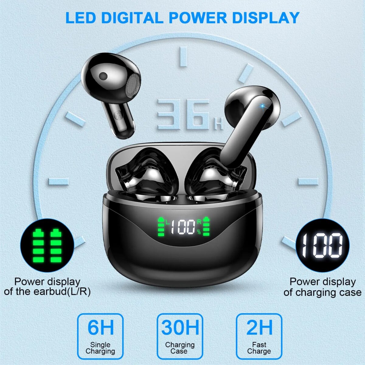 Wireless Earbuds, Bluetooth 5.3 Headphones Built in Noise Cancelling Mic, 36H Playtime LED Display Wireless Earphones. 3 - 5 Days Free Delivery Only UK - Image 3