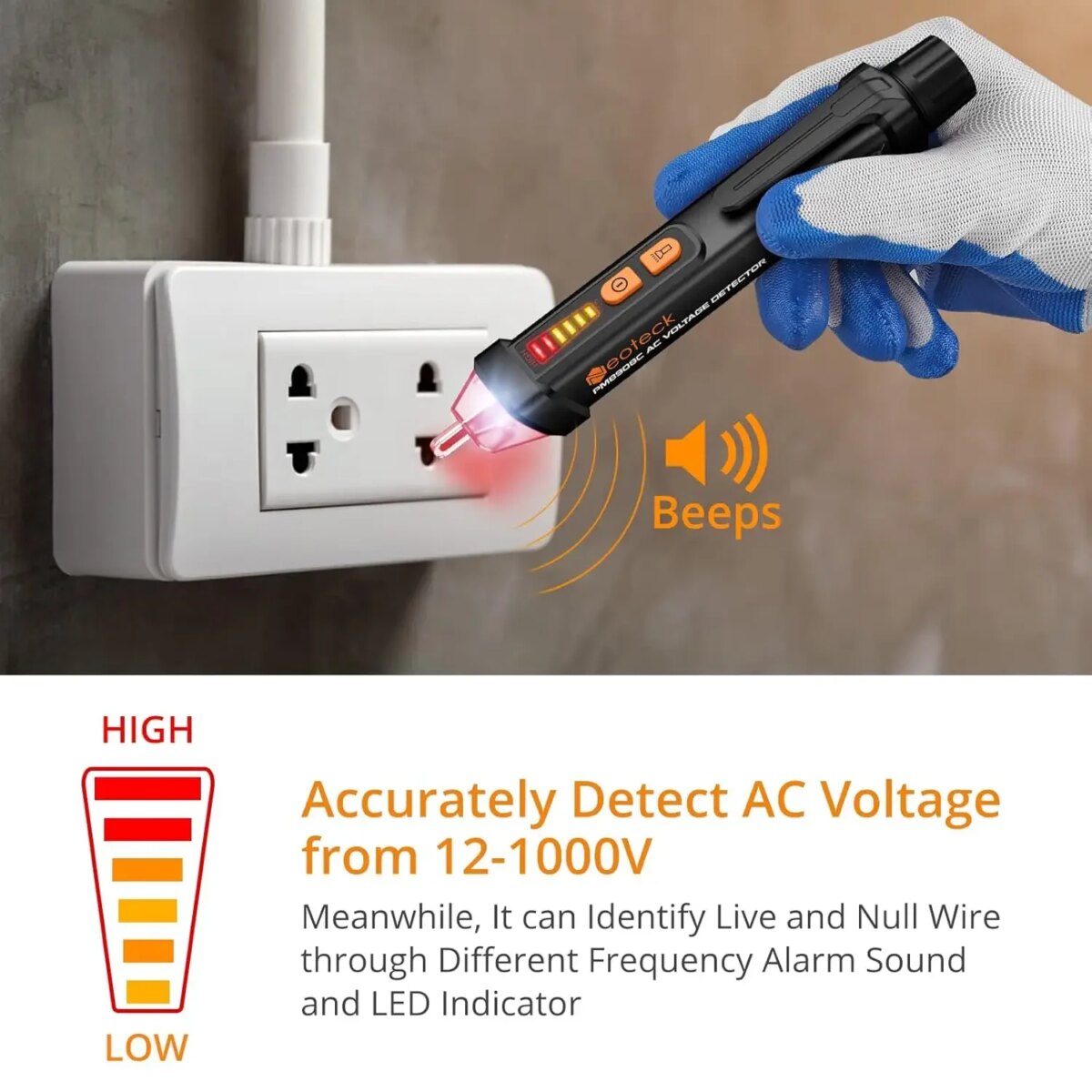 Neoteck 12-1000V AC Non-Contact Voltage Tester Detector with Led Flashlight Buzzer Alarm Live/Null Wire Judgment- Black: 3 - 5 Days Free Delivery Only UK - Image 2