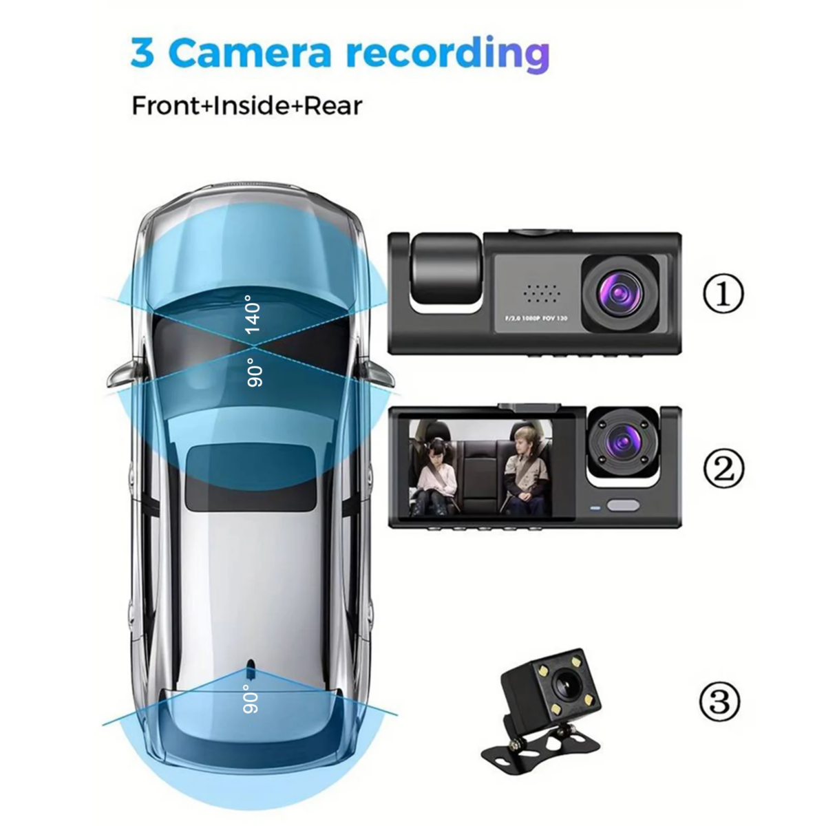 3 Channel 1080P Dash Cam 32 GB Front/Rear/Inside 3 Lens Recording IR Night Vision Loop Recording 2" IPS Screen Wide Angle Car DVRs: 3 - 5 Days Free Delivery Only UK - Image 4