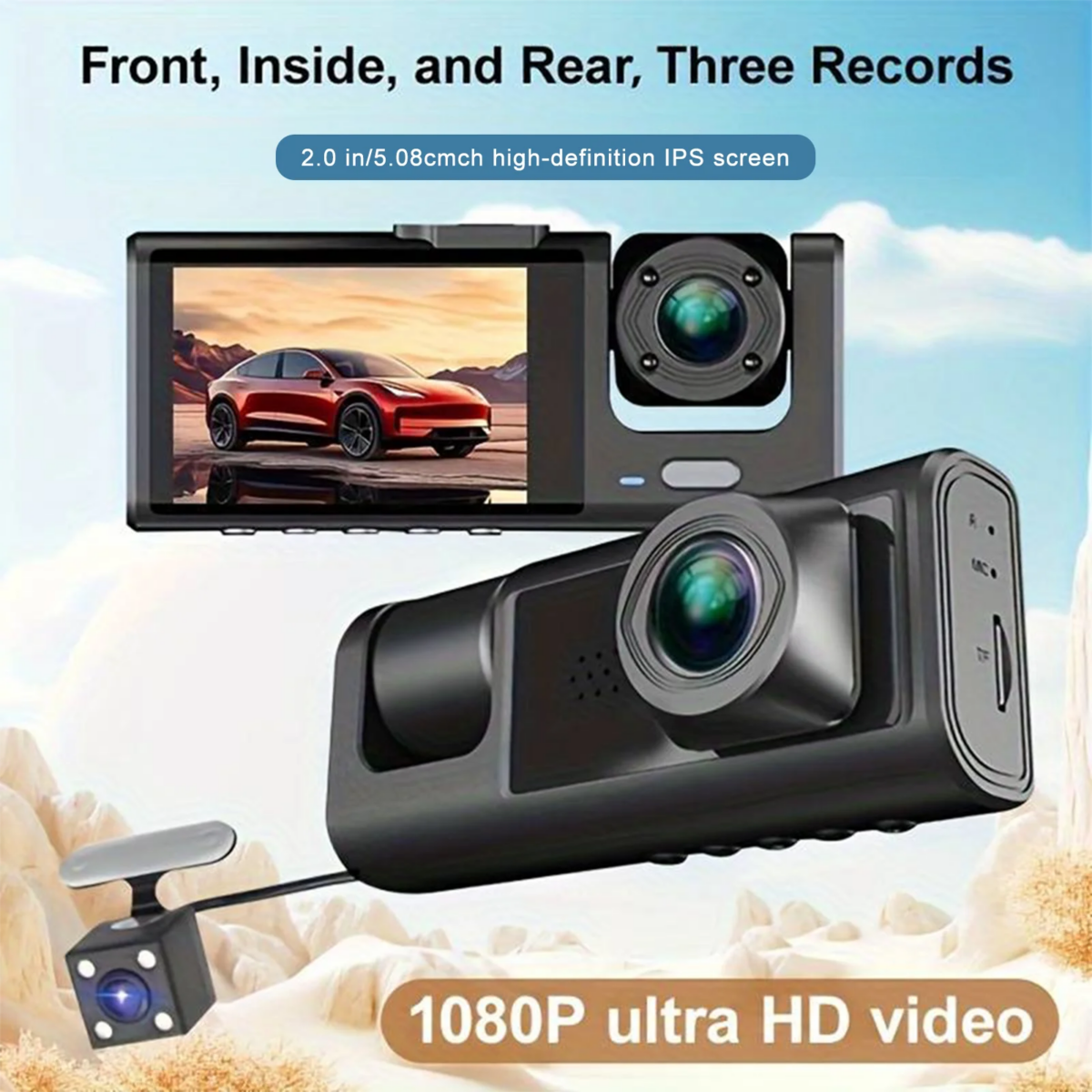 3 Channel 1080P Dash Cam 32 GB Front/Rear/Inside 3 Lens Recording IR Night Vision Loop Recording 2" IPS Screen Wide Angle Car DVRs: 3 - 5 Days Free Delivery Only UK - Image 2