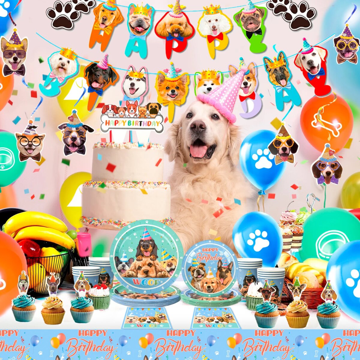 Puppy Birthday Party Supplies for Kids,97pcs Birthday Party Supplies&Tableware Set Dog Party Plates Cups Napkins Banner Balloon: 3 - 5 Days Free Delivery Only UK - Image 3
