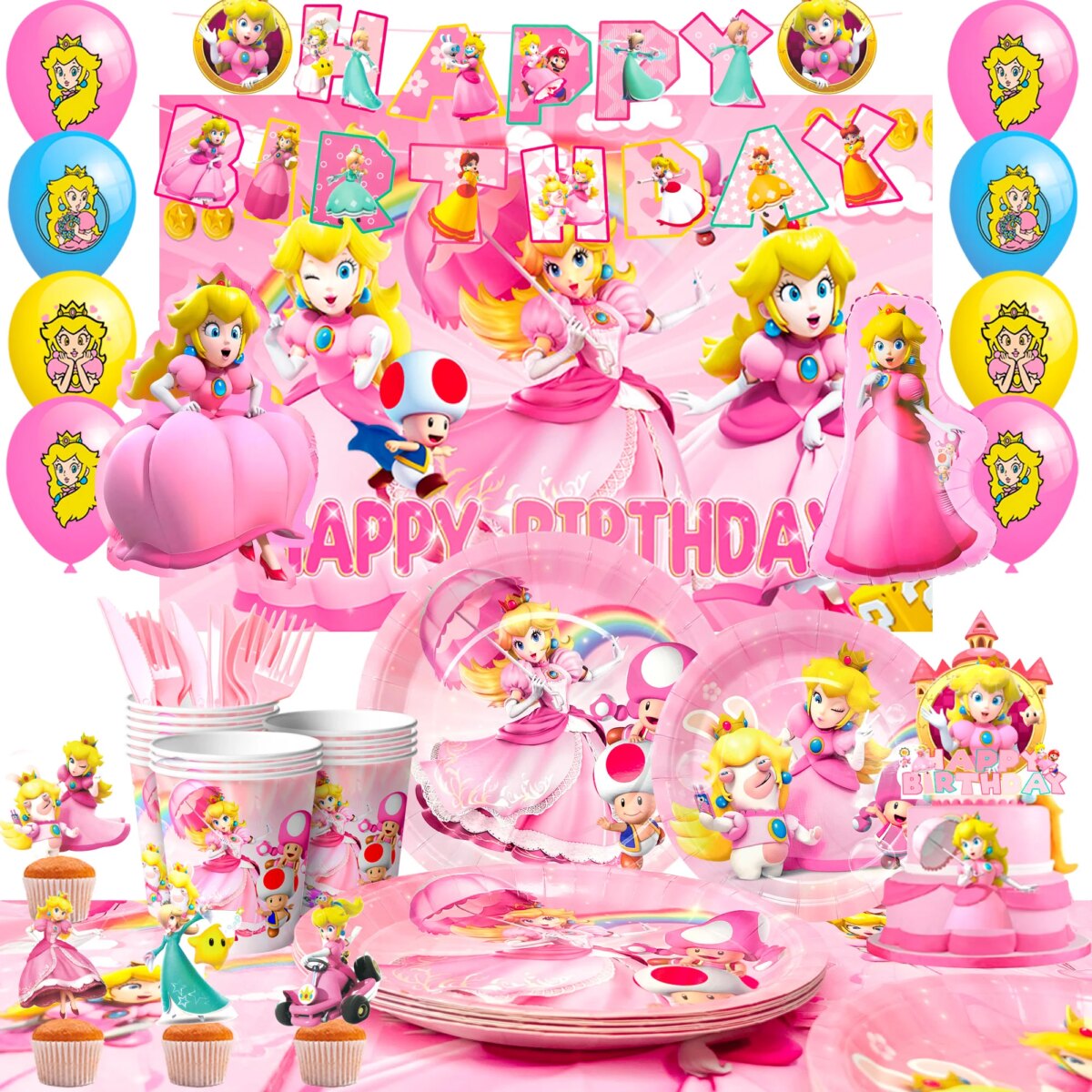 Cartoon Peach Birthday Party Supplies, 114pcs Cartoon Peach Party Decorations & Tableware Set - Party Plates and Napkins Cups: 3 - 5 Days Free Delivery Only UK - Image 1