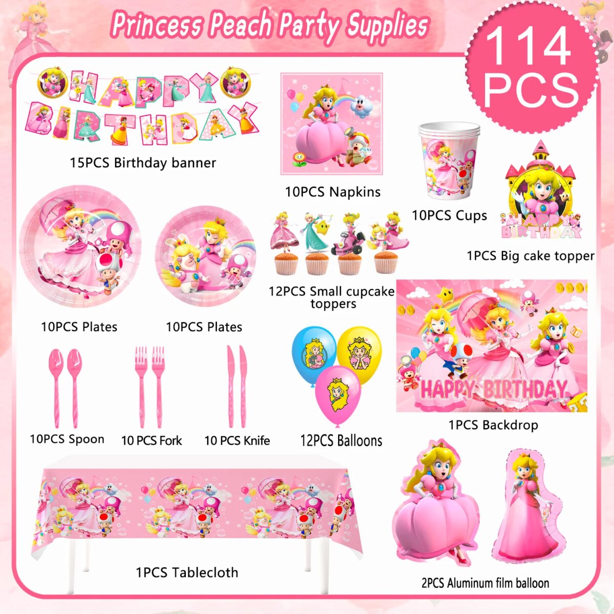 Cartoon Peach Birthday Party Supplies, 114pcs Cartoon Peach Party Decorations & Tableware Set - Party Plates and Napkins Cups: 3 - 5 Days Free Delivery Only UK - Image 6