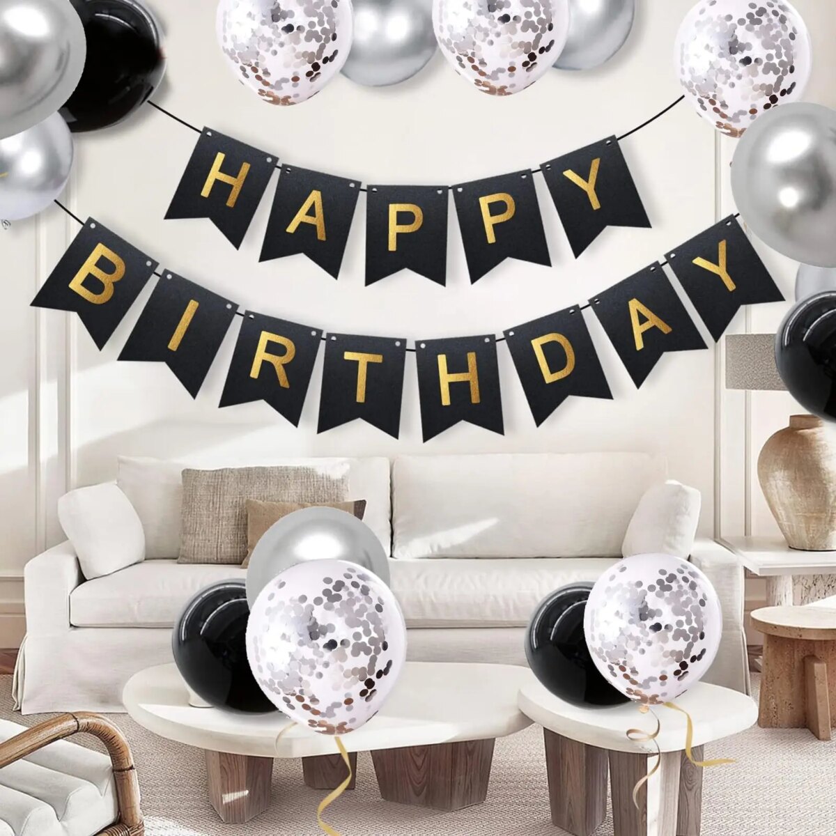 Happy Birthday Banner, Black and silver Party Decorations Happy Birthday Bunting Banners, 12 inch Happy Birthday Balloons Perfect: 3 - 5 Days Free Delivery Only UK - Image 3