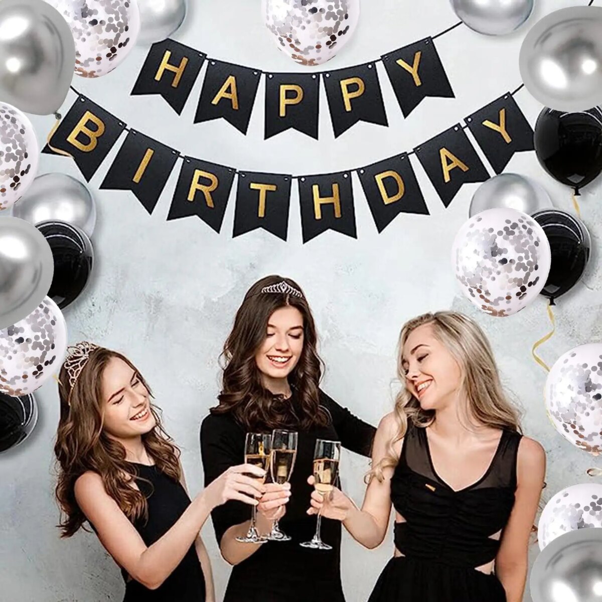 Happy Birthday Banner, Black and silver Party Decorations Happy Birthday Bunting Banners, 12 inch Happy Birthday Balloons Perfect: 3 - 5 Days Free Delivery Only UK - Image 2