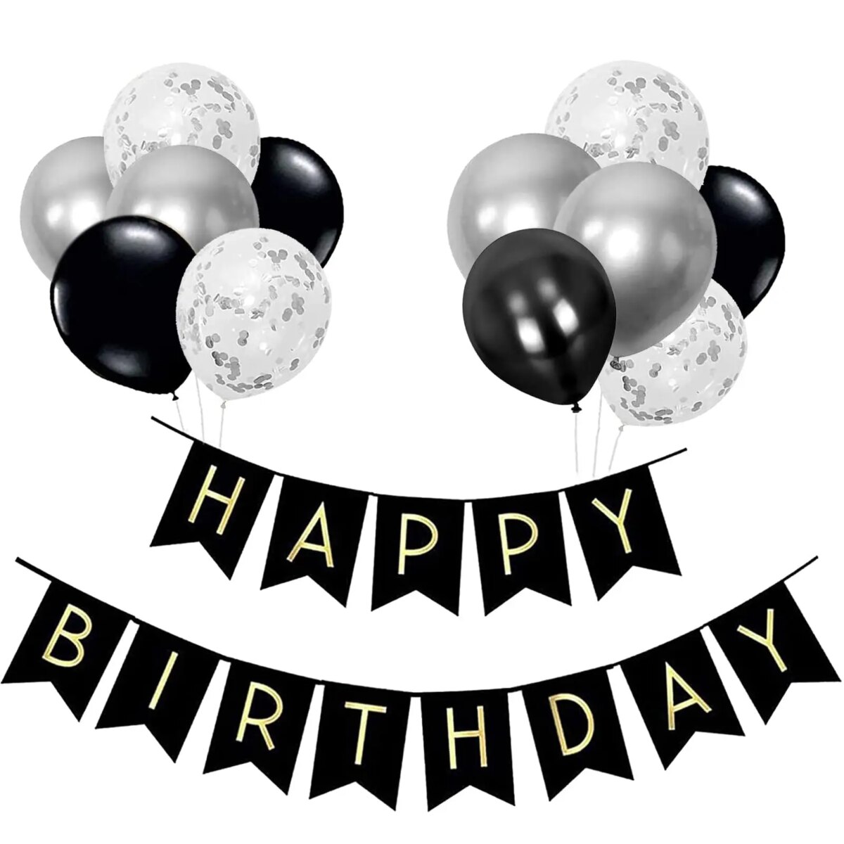 Happy Birthday Banner, Black and silver Party Decorations Happy Birthday Bunting Banners, 12 inch Happy Birthday Balloons Perfect: 3 - 5 Days Free Delivery Only UK - Image 1