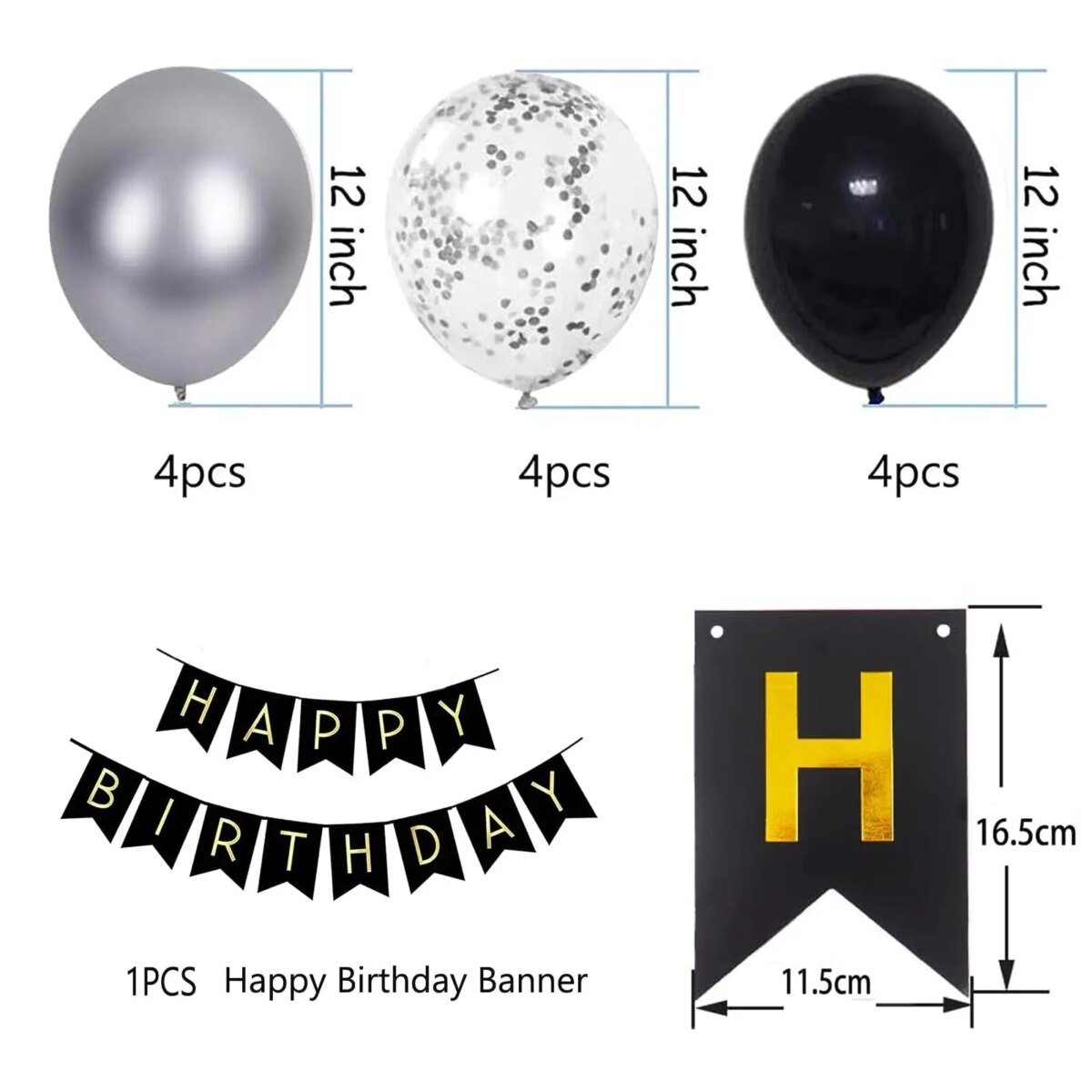 Happy Birthday Banner, Black and silver Party Decorations Happy Birthday Bunting Banners, 12 inch Happy Birthday Balloons Perfect: 3 - 5 Days Free Delivery Only UK - Image 5