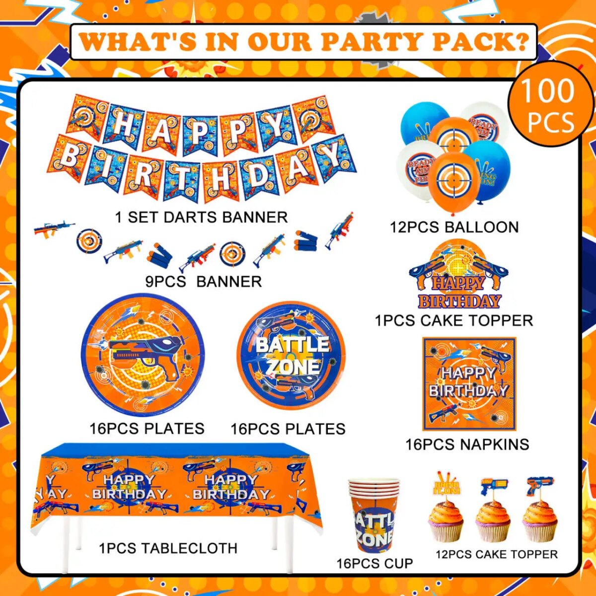 Dart War Party Supplies,100pcs Decorations Tableware Set-Dart War Party Plates Cups Napkins Tablecloth Balloons Banner etc: 3 - 5 Days Free Delivery Only UK - Image 6