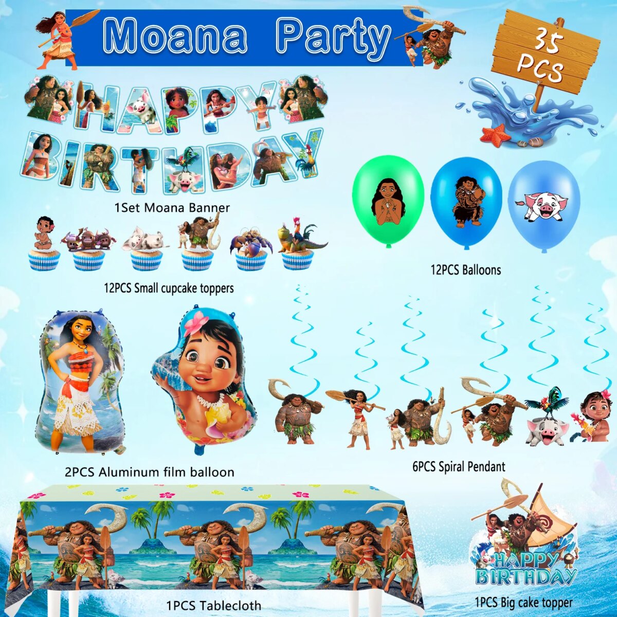 Disne Moana Birthday Party Supplies, 35 Pcs Moana Party Decorations-Moana Balloons Banner Tablecloth etc Moana Birthday Supplies: 3 - 5 Days Free Delivery Only UK - Image 6