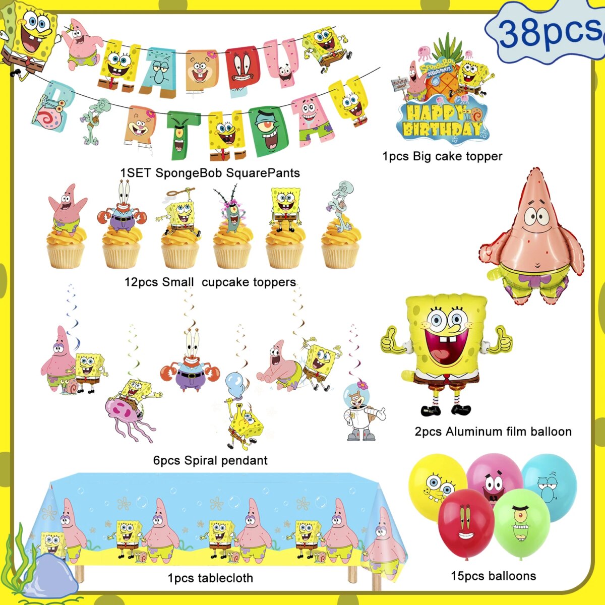 SpongeBob Birthday Party Supplies,38pcs SpongeBob Birthday Decorations-SpongeBob Party Banner Balloons Cake Toppers Tablecloth..: 3 - 5 Days Free Delivery Only UK - Image 6