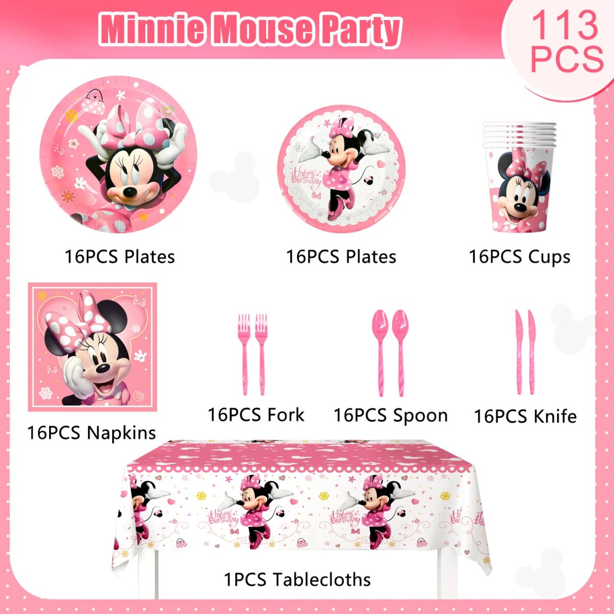Minnie Birthday Party Supplies,113pcs Minnie Mouse Party Decorations Tableware Set-Plates Napkins Cup etc Minnie Party Tableware: 3 - 5 Days Free Delivery Only UK - Image 6