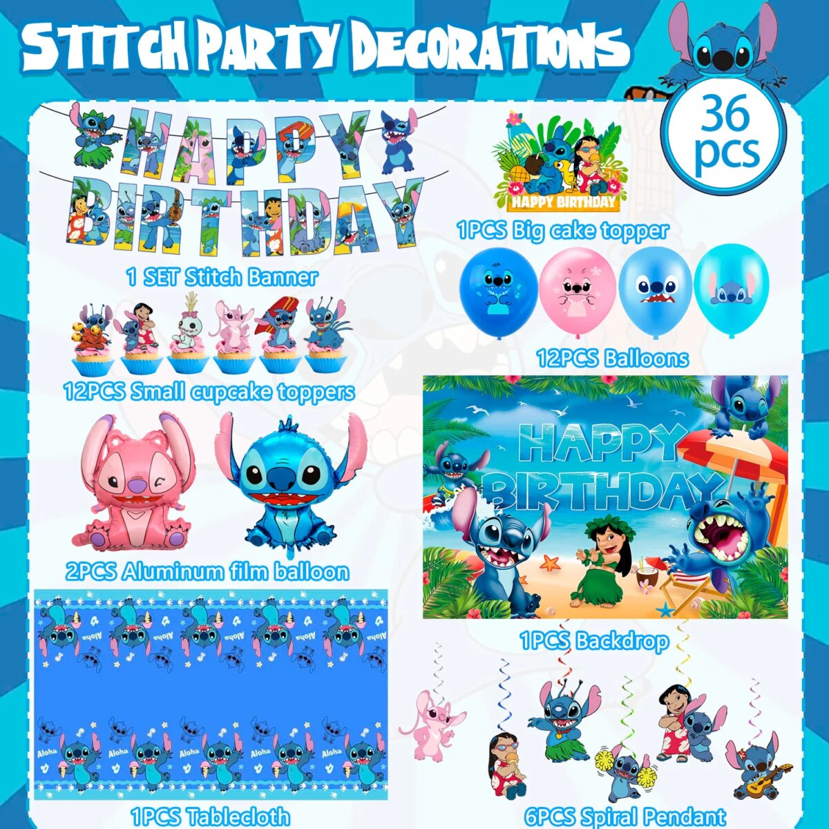 Stitch Party Supplies,36pcs Stitch Birthday Decorations-Stitch Balloon Tablecloth Backdrop etc Stitch Birthday Party Supplies: 3 - 5 Days Free Delivery Only UK - Image 6