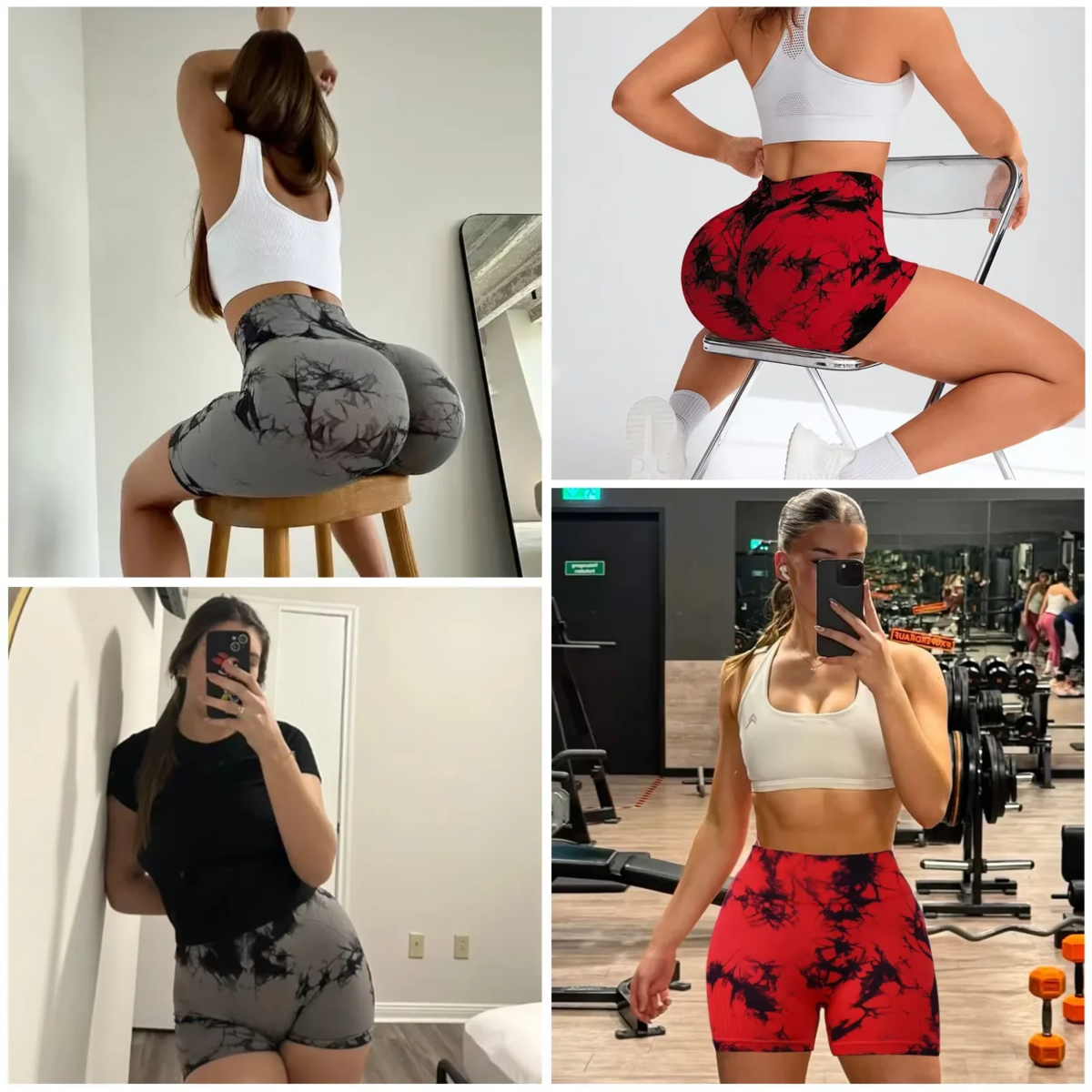 2pcs Women's High-Waist Tie-Dye Yoga Shorts - Seamless, Booty Lifting, Stretchy Nylon & Spandex Blend, Red & Grey: 3 - 5 Days Free Delivery Only UK - Image 5
