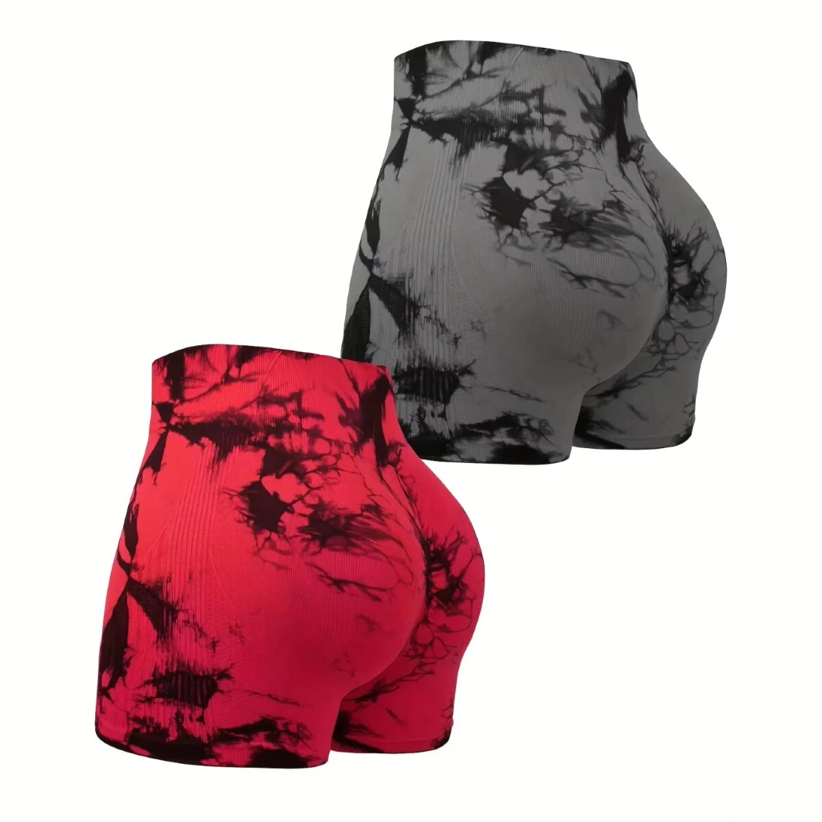 2pcs Women's High-Waist Tie-Dye Yoga Shorts - Seamless, Booty Lifting, Stretchy Nylon & Spandex Blend, Red & Grey: 3 - 5 Days Free Delivery Only UK - Image 1