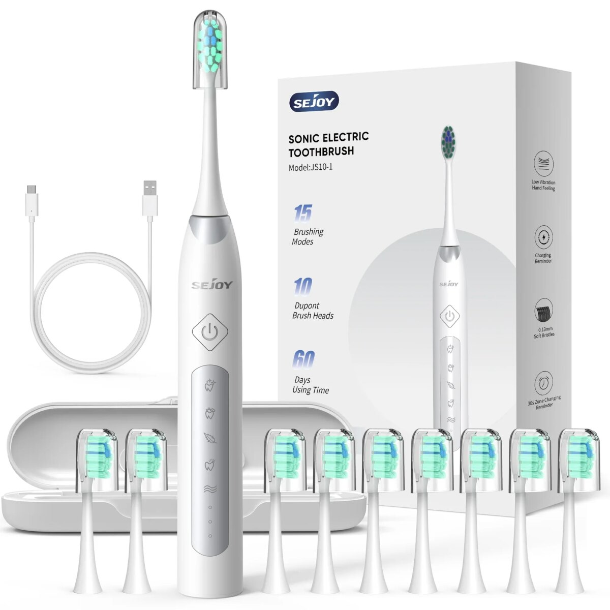 Sejoy Sonic Electric Toothbrush For Adults Tooth Deep Clean 10 Brush Heads Travel Case Built in Smart : 3 - 5 Days Free Delivery Only UKTimer Sonic Toothbrush - Image 1