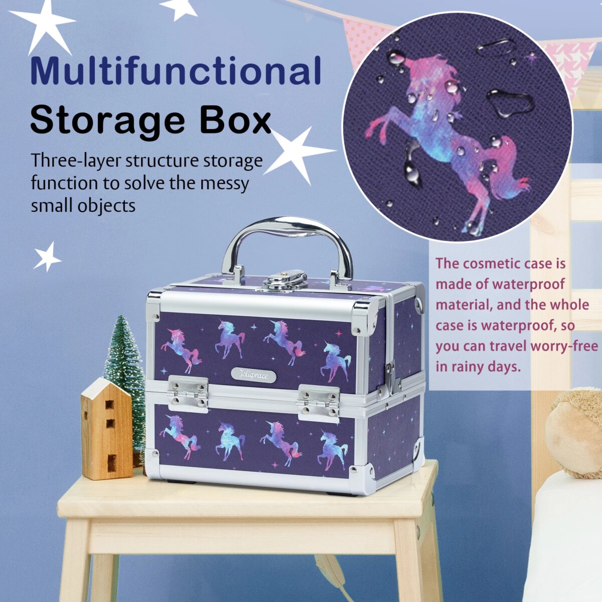Makeup Case Portable Lock Alloy Unicorn Cosmetic Jewelry Nail Hair Accessories Storage Box with Mirror 2 Trays Make-up Suitcase: 3 - 5 Days Free Delivery Only UK - Image 4